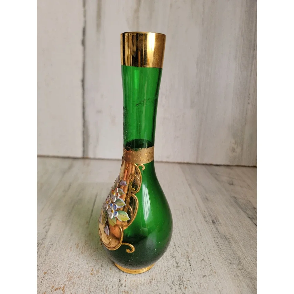 Bohemian Czech flower bud green vase glass Floral centerpiece Unique Home
